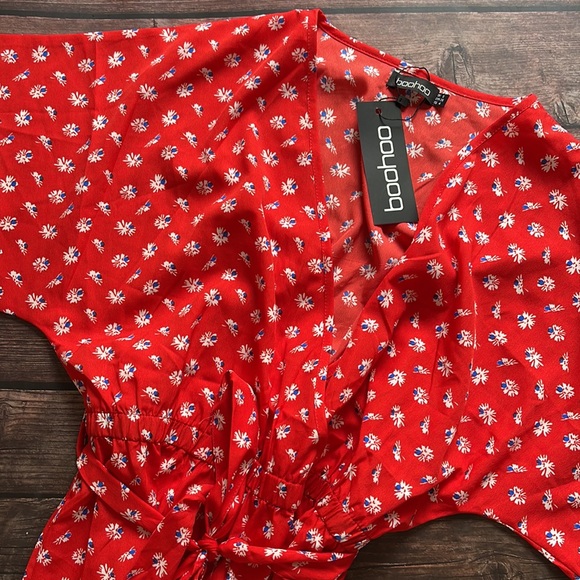 Boohoo Pants - BOOHOO | Red floral short sleeve full length crossover jumpsuit